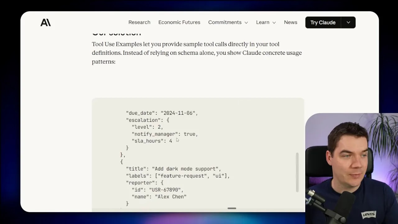 Webpage screenshot showing a JSON example with fields like 