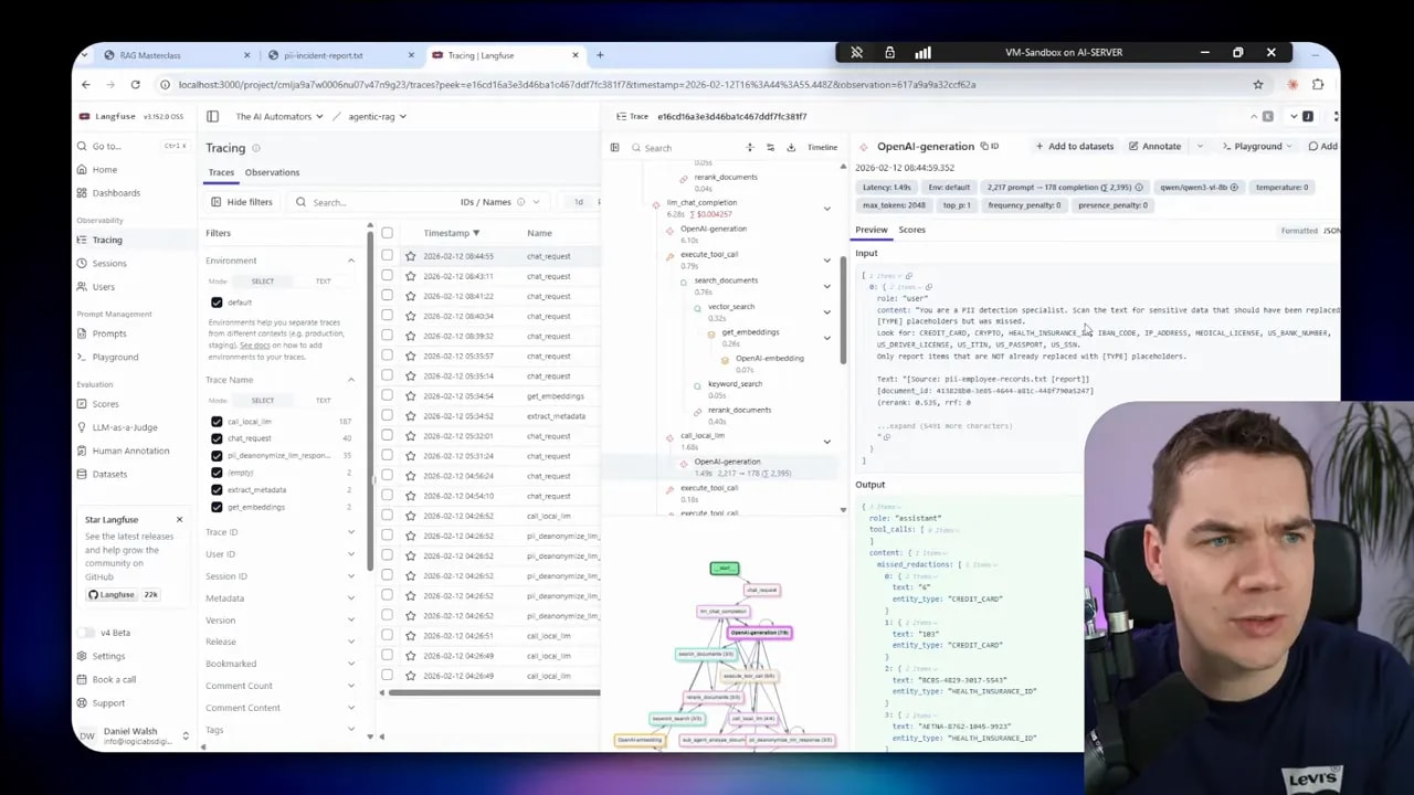 Langfuse trace interface with filters, trace list, execution graph and preview showing input/output; presenter inset overlaps right edge.