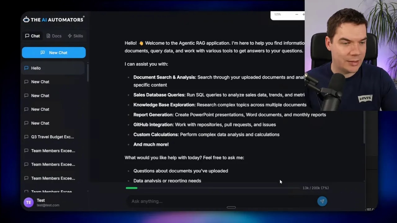 Dark chat UI showing a full welcome message, bullet list of capabilities and a token progress indicator; presenter overlay visible.