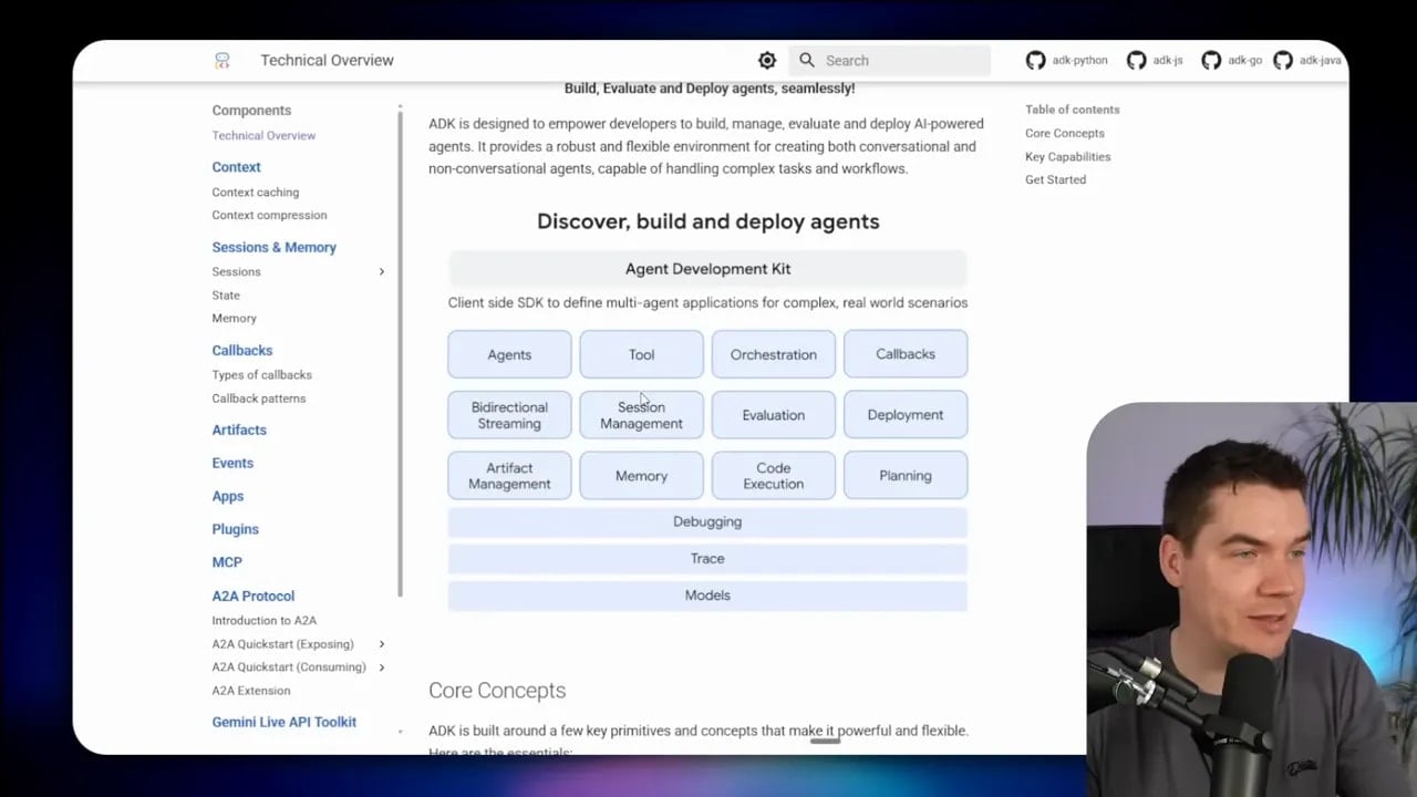 Agent Development Kit (ADK) technical overview with “Discover, build and deploy agents” and core agent components