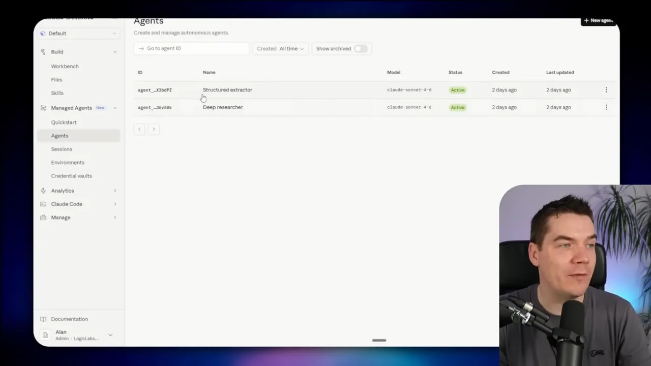 Claude Managed Agents UI listing created agents with their model and active status