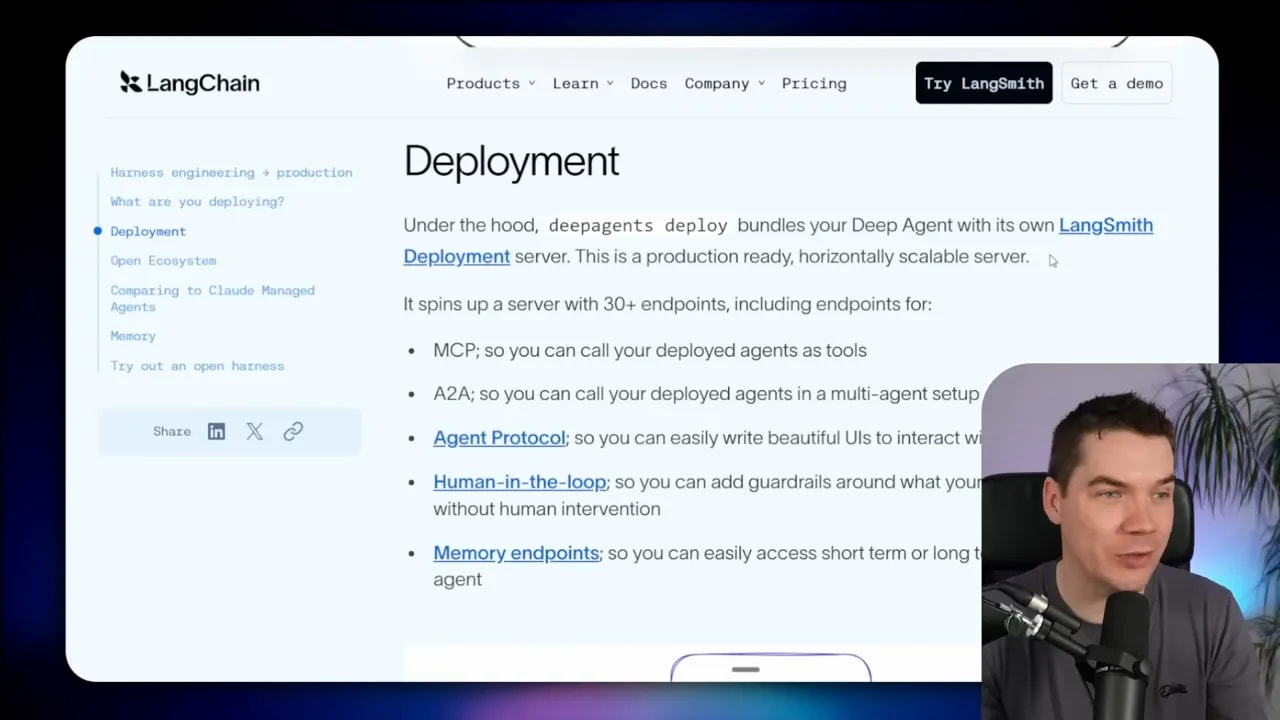 LangChain Deep Agents Deploy “Deployment” slide explaining endpoints such as MCP, A2A, human-in-the-loop, and memory endpoints