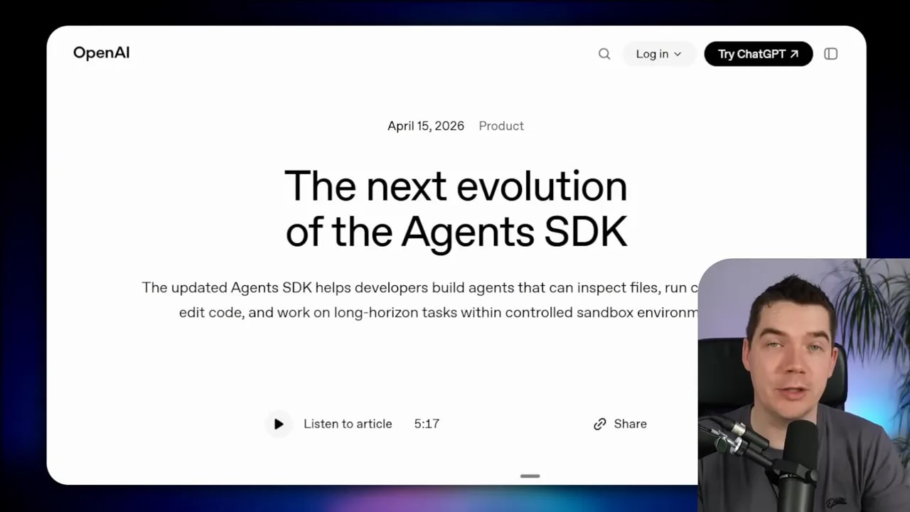 OpenAI screenshot titled “The next evolution of the Agents SDK,” referencing long-horizon tasks and controlled sandbox environments.