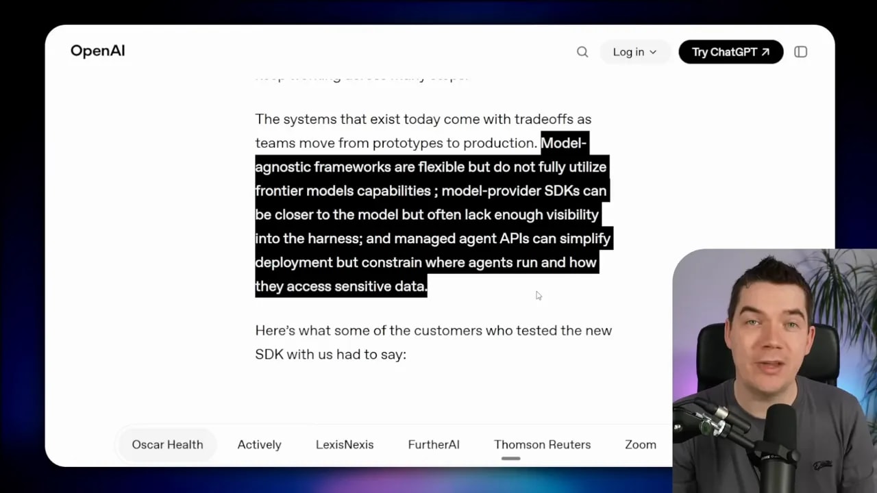 OpenAI slide describing trade-offs for model-agnostic frameworks and managed agent APIs