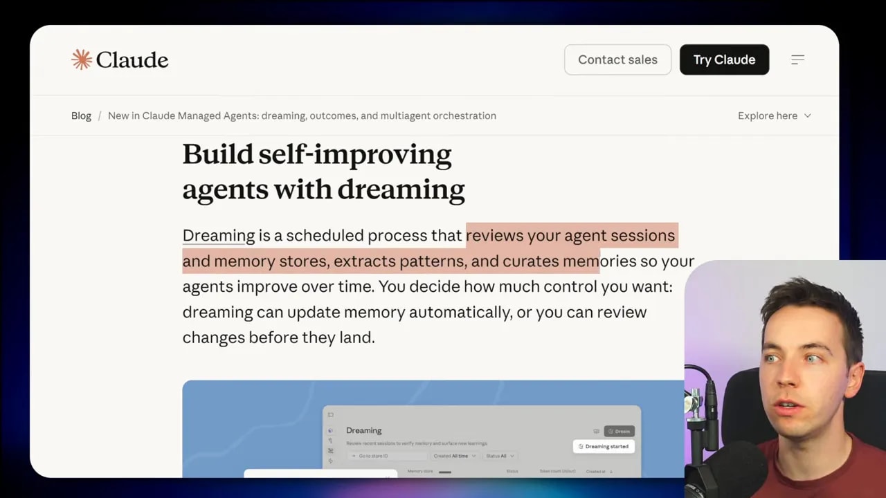Claude documentation screenshot titled 'Build self-improving agents with dreaming' explaining scheduled memory curation