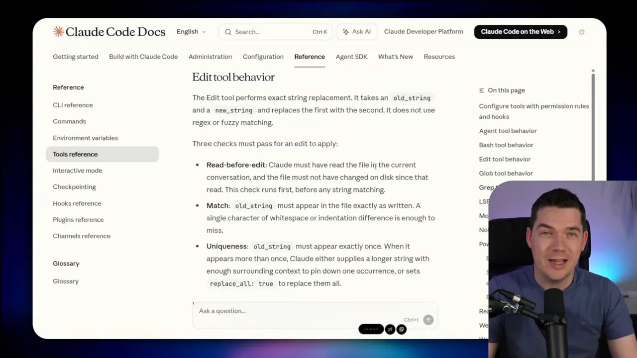 Screenshot of Claude Code Docs page explaining edit tool behavior with read-before-edit, exact match, and uniqueness checks