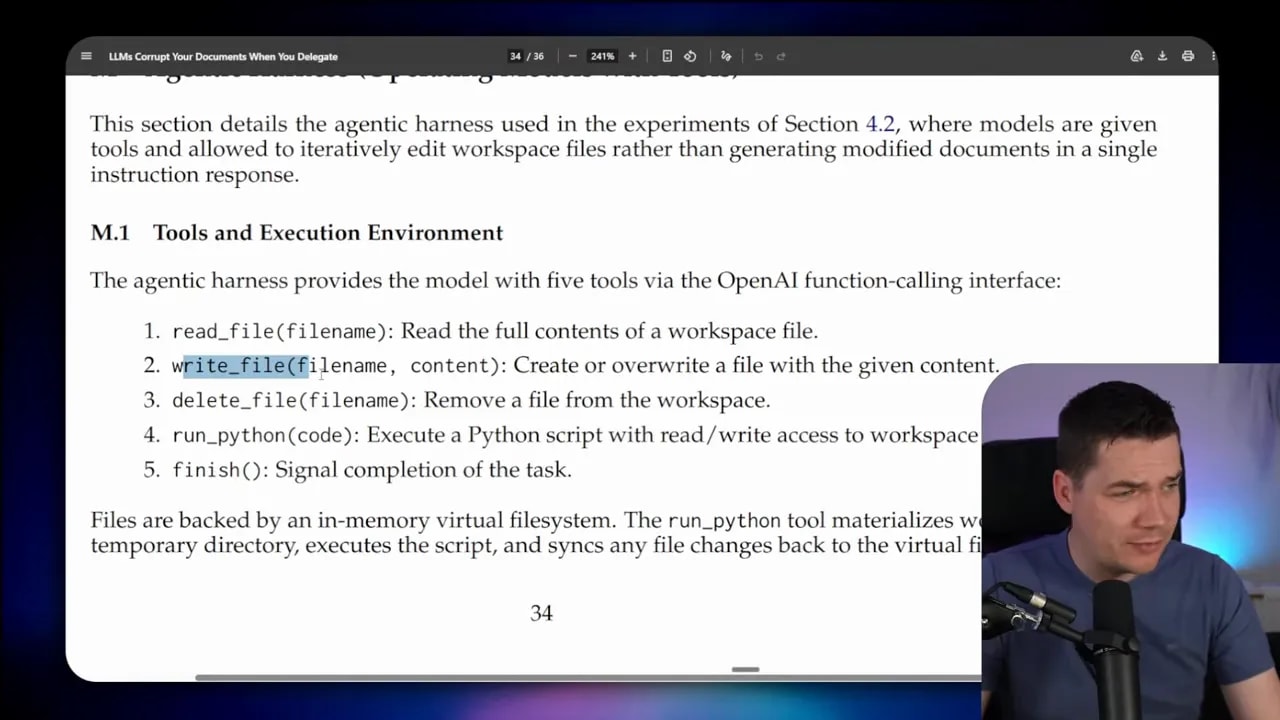 Screenshot showing the DELEGATE-52 agent harness tool list for workspace file editing