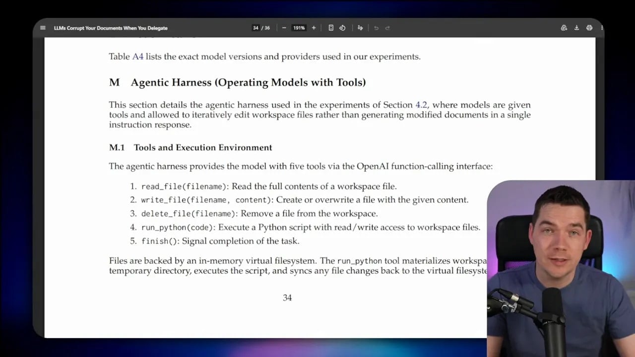 Screenshot of the DELEGATE-52 paper section listing agentic harness tools for iterative workspace editing.