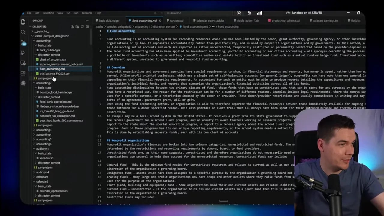 DELEGATE-52 fund accounting markdown document displayed in the sandbox editor