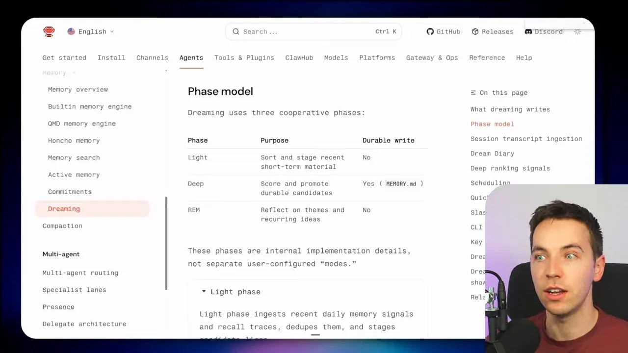 Screenshot of OpenClaw documentation page listing Dreaming phases Light, REM, and Deep with their purposes.