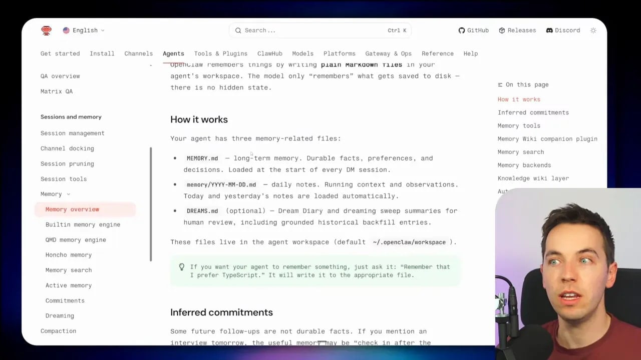 Screenshot of OpenClaw memory overview detailing memory.md, daily notes, and dreams.md files