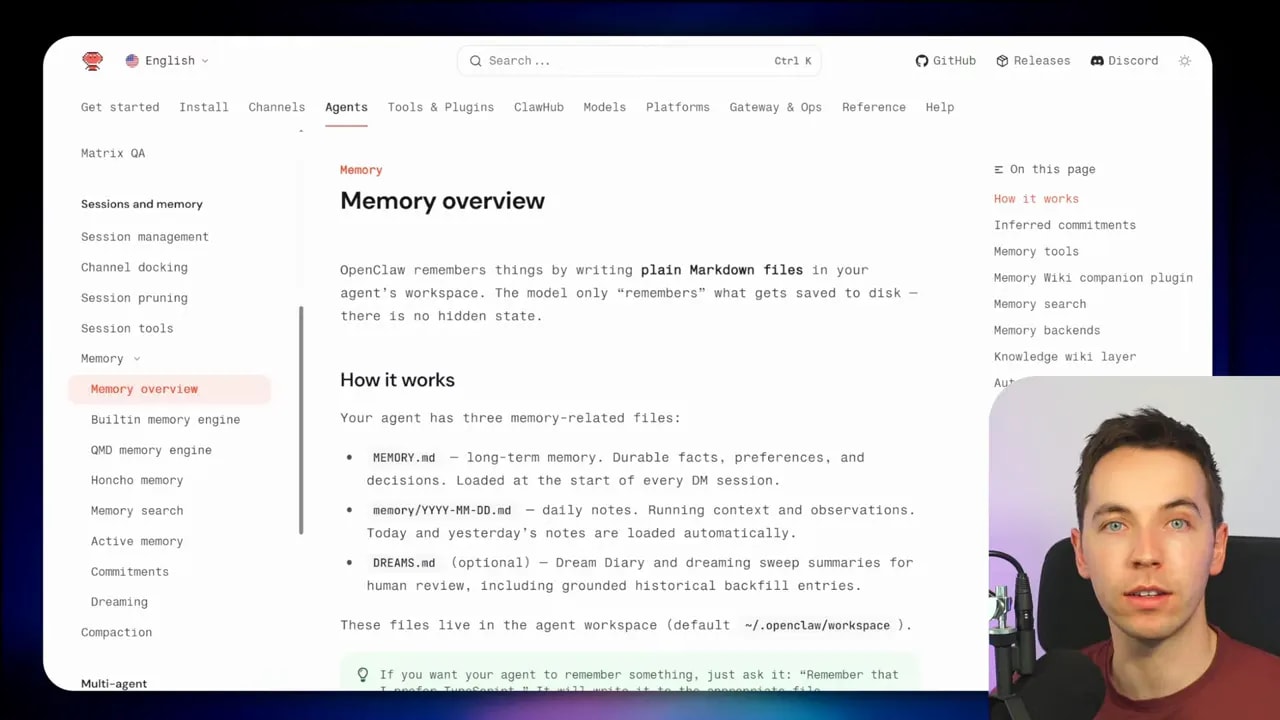 Screenshot of OpenClaw Memory overview explaining plain Markdown memory files like memory.md, daily notes, and dreams.md