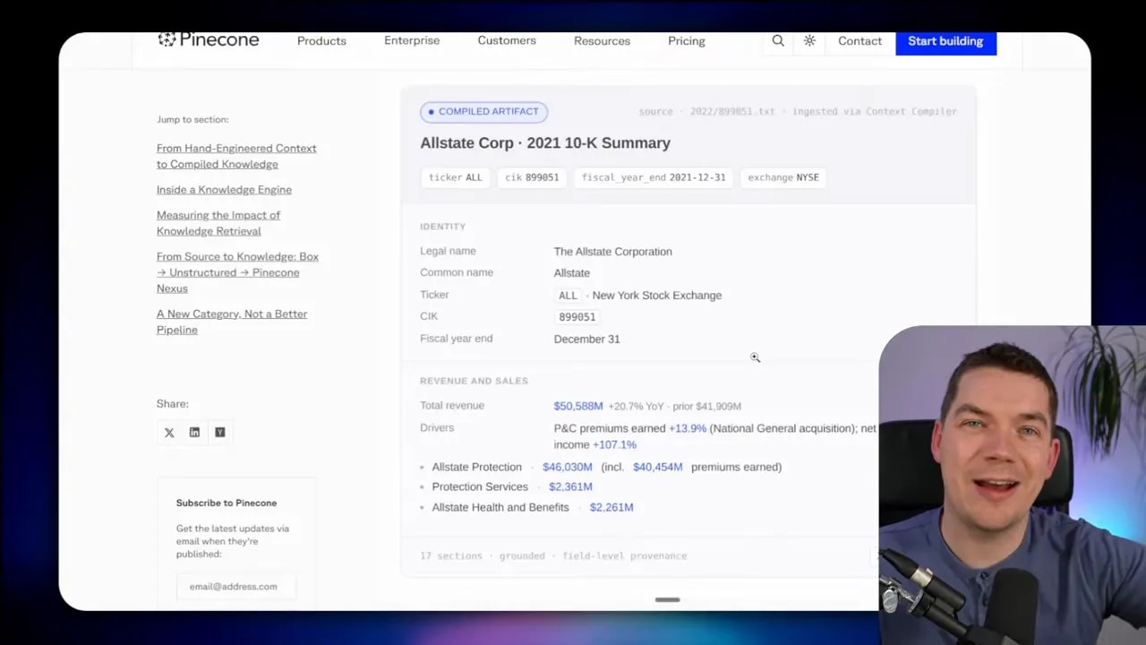 Pinecone Nexus demo showing a compiled artifact (Allstate 2021 10-K summary) with structured fields such as identity and revenue and sales