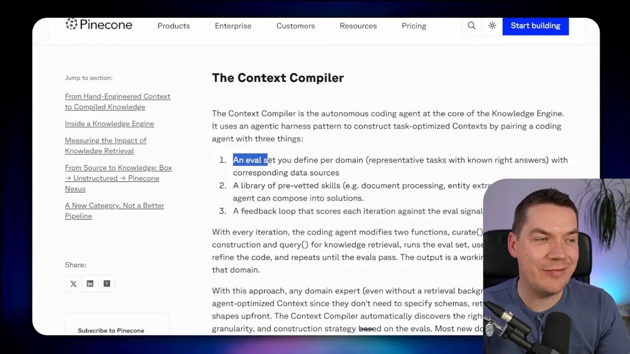 Screenshot of Pinecone Nexus documentation describing the Context Compiler, including its eval set, skills library, and feedback loop.