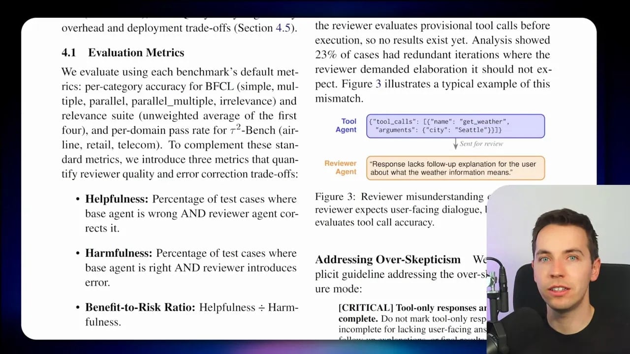 Screenshot of an evaluation metrics slide for reviewer agents, showing helpfulness and harmfulness trade-offs