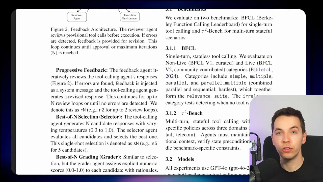 Slide showing feedback architecture for reviewer agents: progressive feedback, best-of-N selection, and best-of-N grading