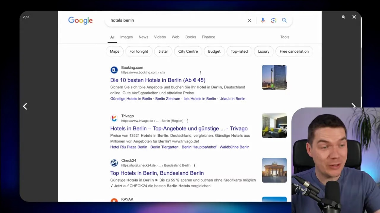 Screenshot showing a search-style results page with highlighted hotel listings, illustrating how agents can rely on chunked retrieval rather than a compiled knowledge layer.