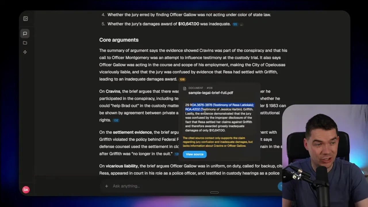 Dark interface with highlighted citation explanation popup showing a claim and checker assessment beside the report text