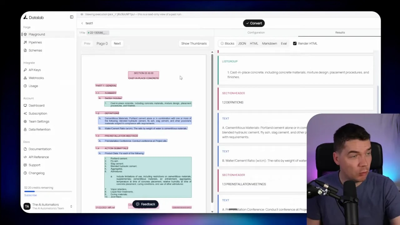 Document parsing interface showing a PDF with colored highlighted blocks and extracted structured fields on the right