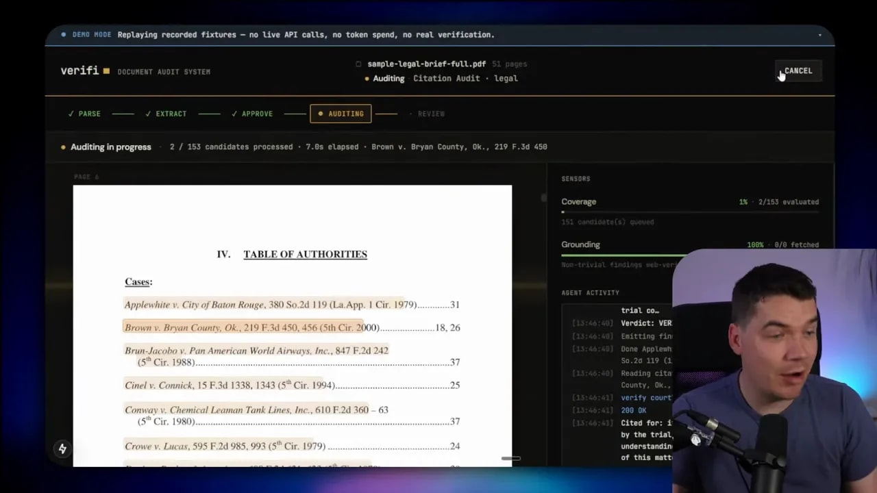 Legal document audit interface listing extracted case references with highlighted entries and validation details
