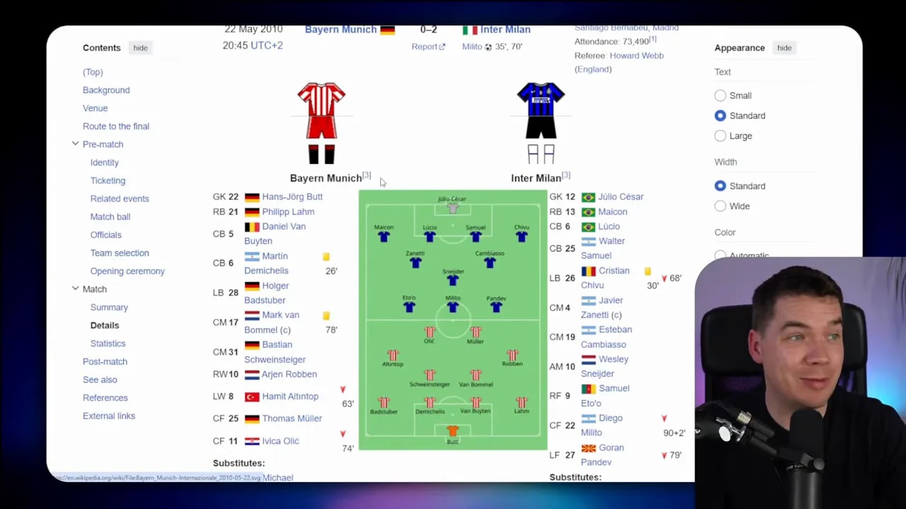 Wikipedia style match page showing player formations on a green pitch diagram