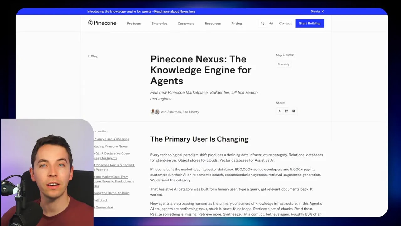 Pinecone Nexus blog post page showing the heading “The Knowledge Engine for Agents” and the section “The Primary User Is Changing.”