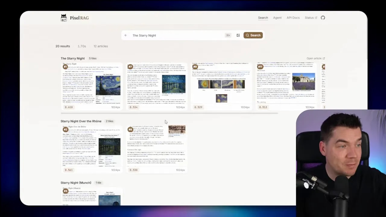 PixelRAG results page showing multiple retrieved screenshot tiles for a visual search query
