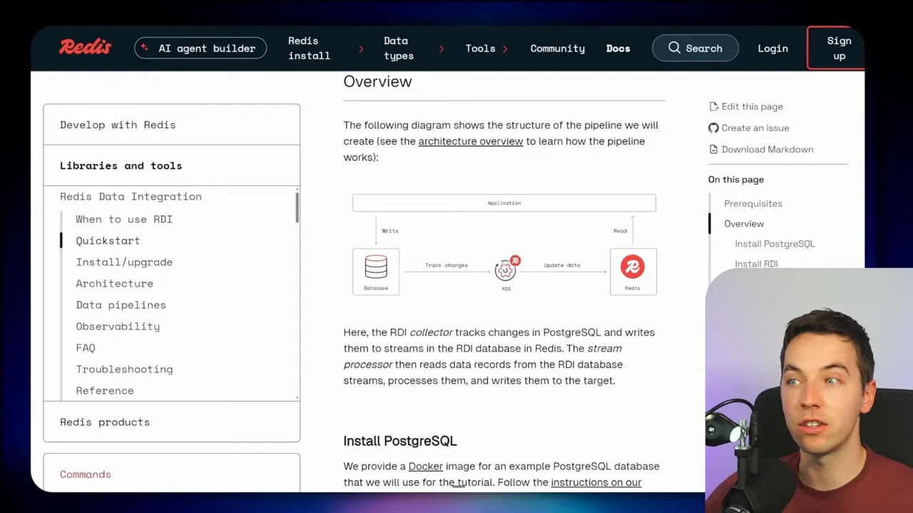 Redis agent builder overview diagram for Redis Data Integration (RDI) change tracking and syncing into Redis