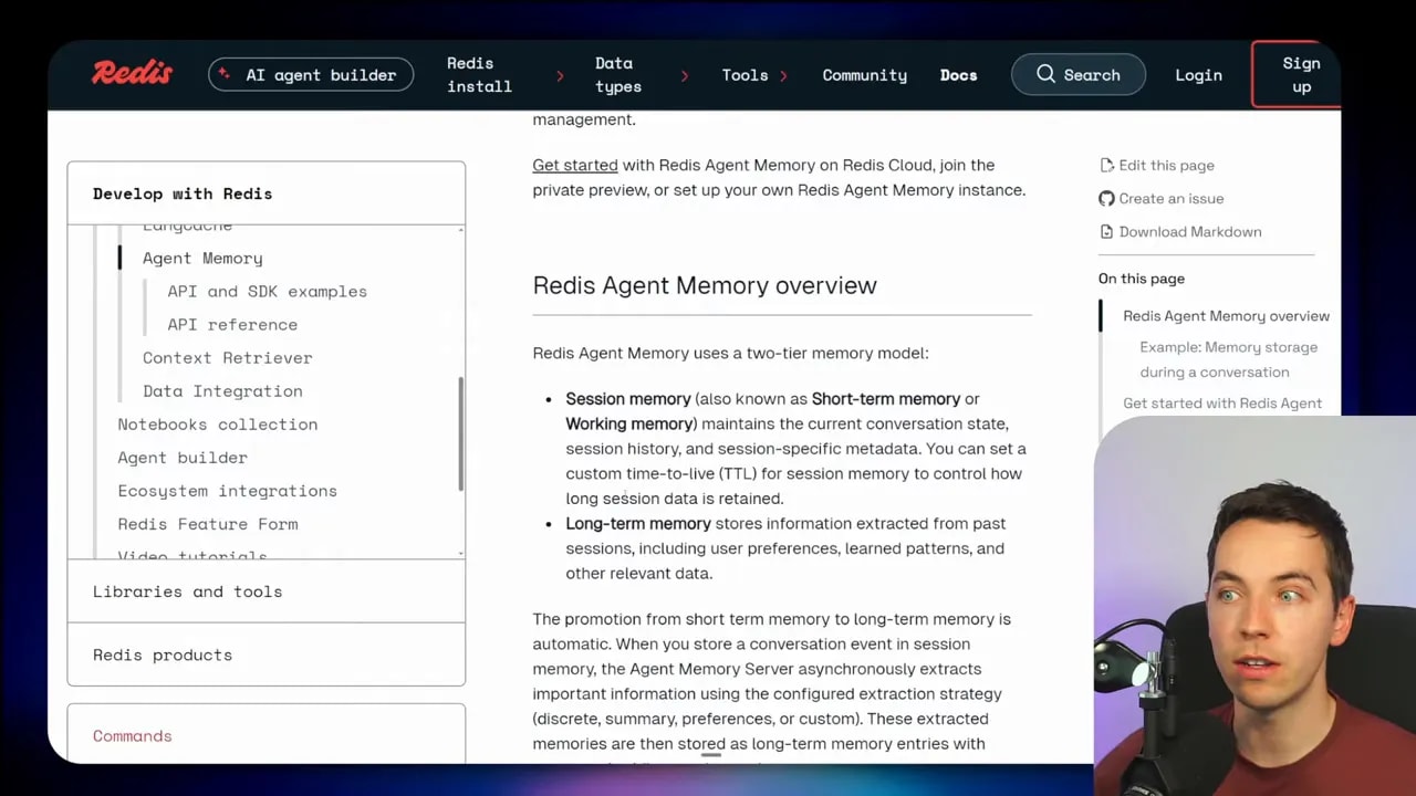 Redis Agent Memory overview page describing session memory and long-term memory