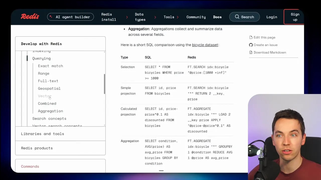 Redis Search documentation screenshot showing query and aggregation-related examples