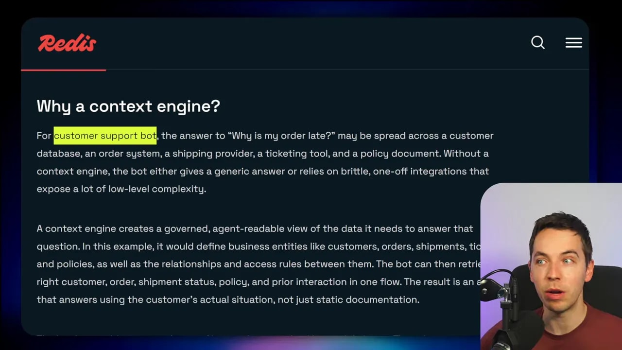 Redis slide titled Why a context engine explaining generic answers or brittle integrations without context routing