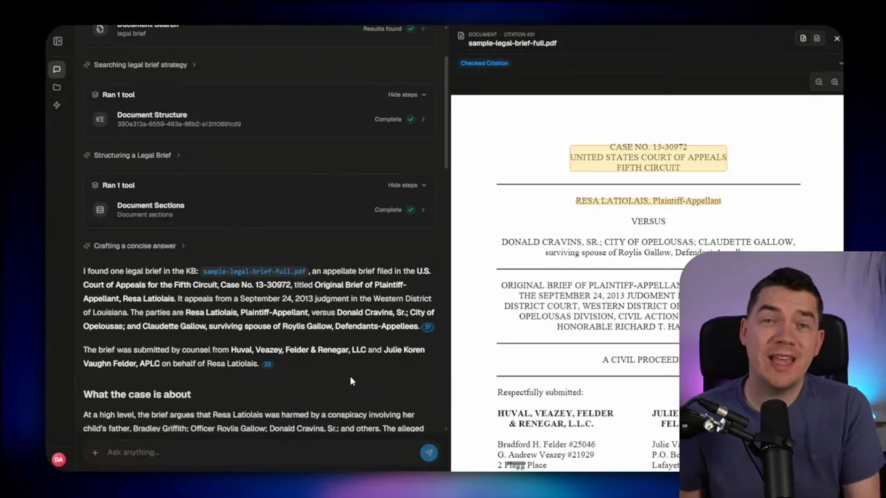 Dark interface with generated report on the left and original PDF page on the right with highlighted source region