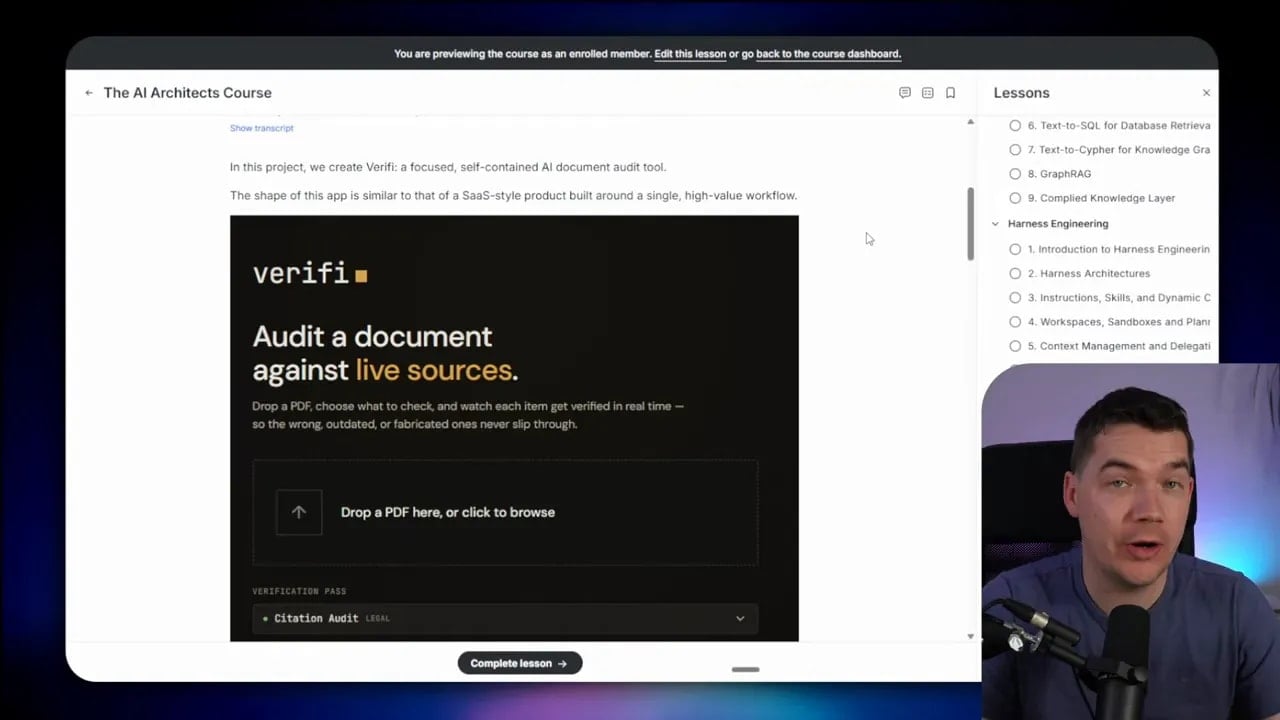 Dark application interface titled audit a document against live sources with upload area and workflow controls