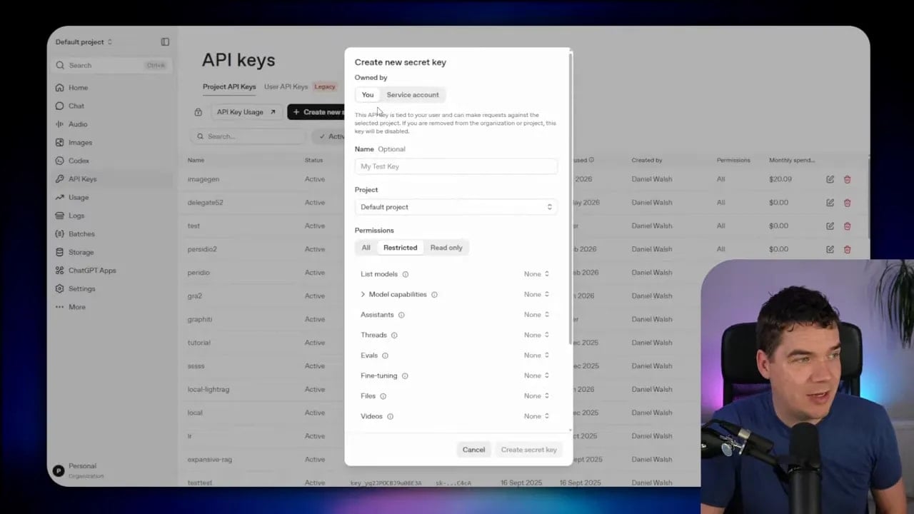 API keys page showing a permissions and project settings modal
