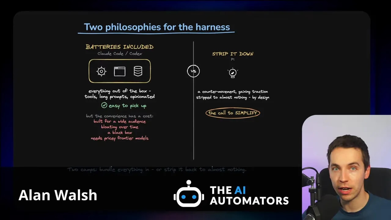 Slide comparing batteries included and minimal core coding harness philosophies