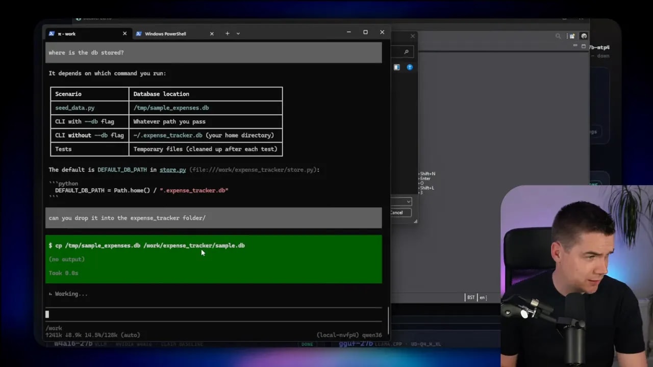 Terminal showing expense tracker output with a table of seeded expense records