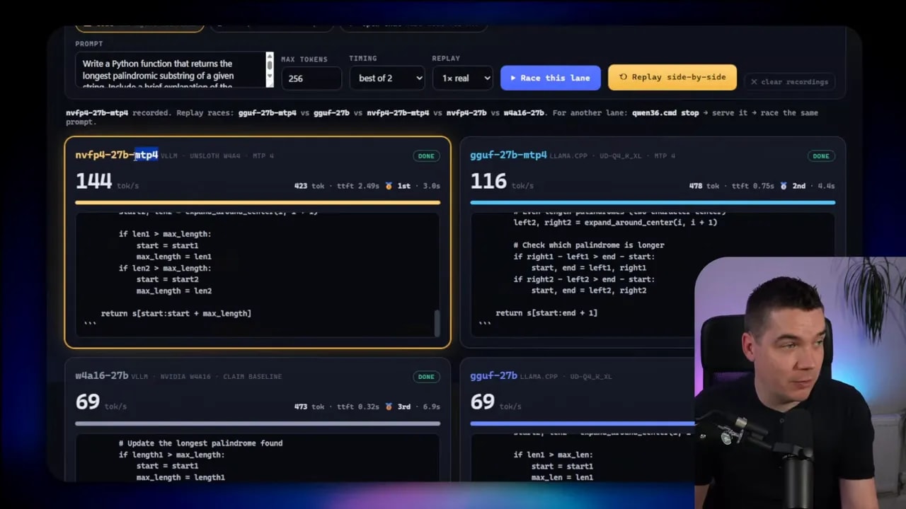 Benchmark dashboard comparing 144 and 116 tokens per second across two local inference engines
