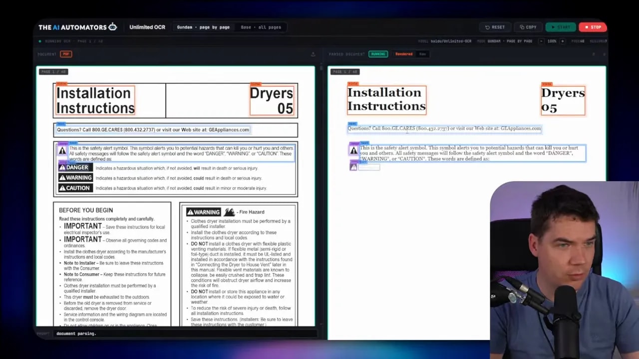 Document OCR app showing a manual page with highlighted text regions and structured output streaming on the right