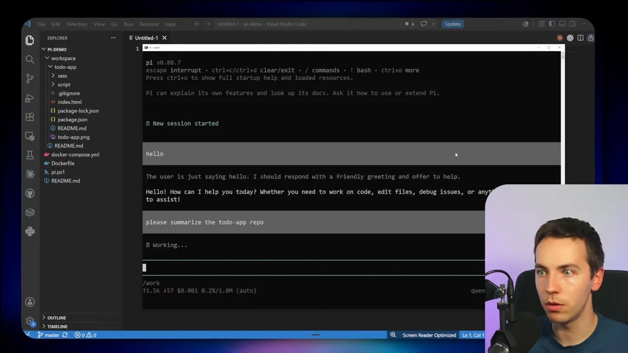 Pi terminal session inspecting a project repository and listing available tools