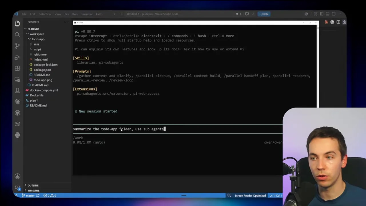 Pi terminal session showing a repository summary generated with sub-agents