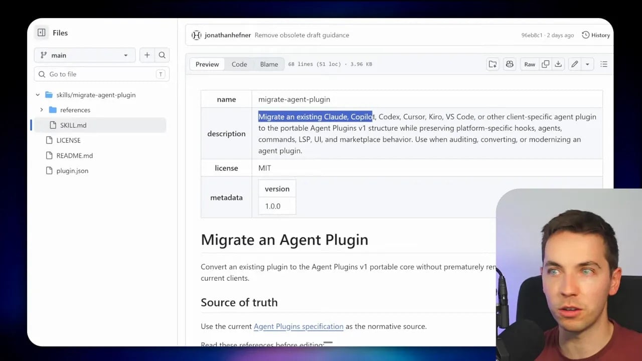GitHub repository page showing the Migrate an Agent Plugin skill and source of truth section