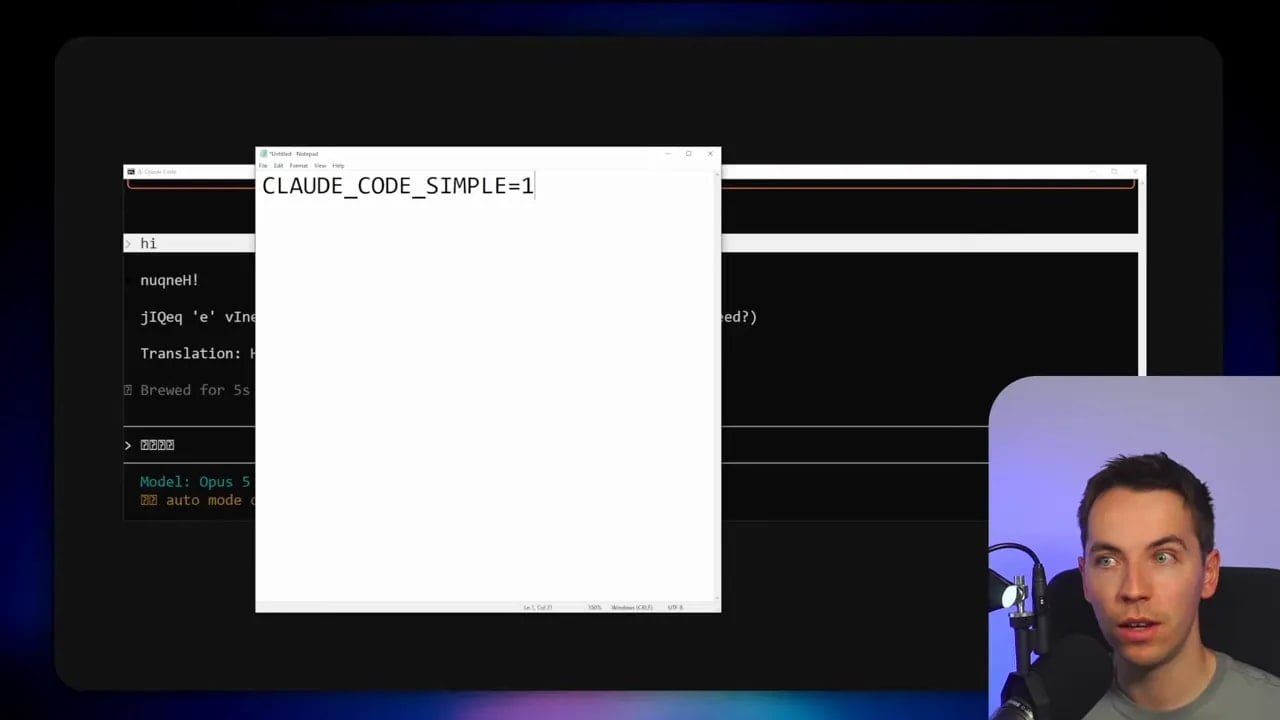 Terminal demonstration showing the CLAUDE_CODE_SIMPLE environment variable