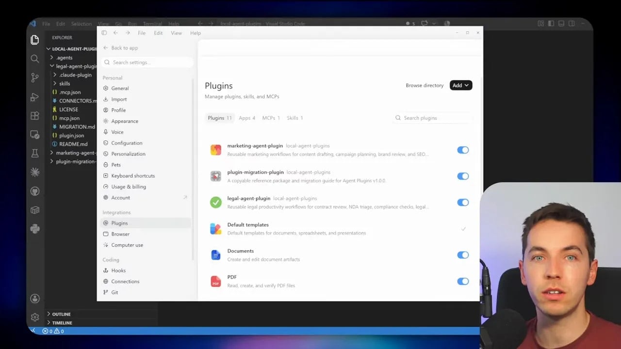 Codex plugins interface showing a list of available plugins with install controls