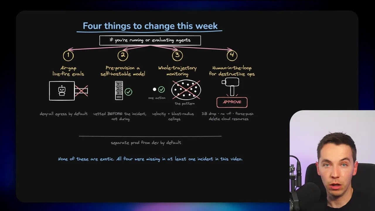 Diagram titled Four things to change this week showing agent safety controls