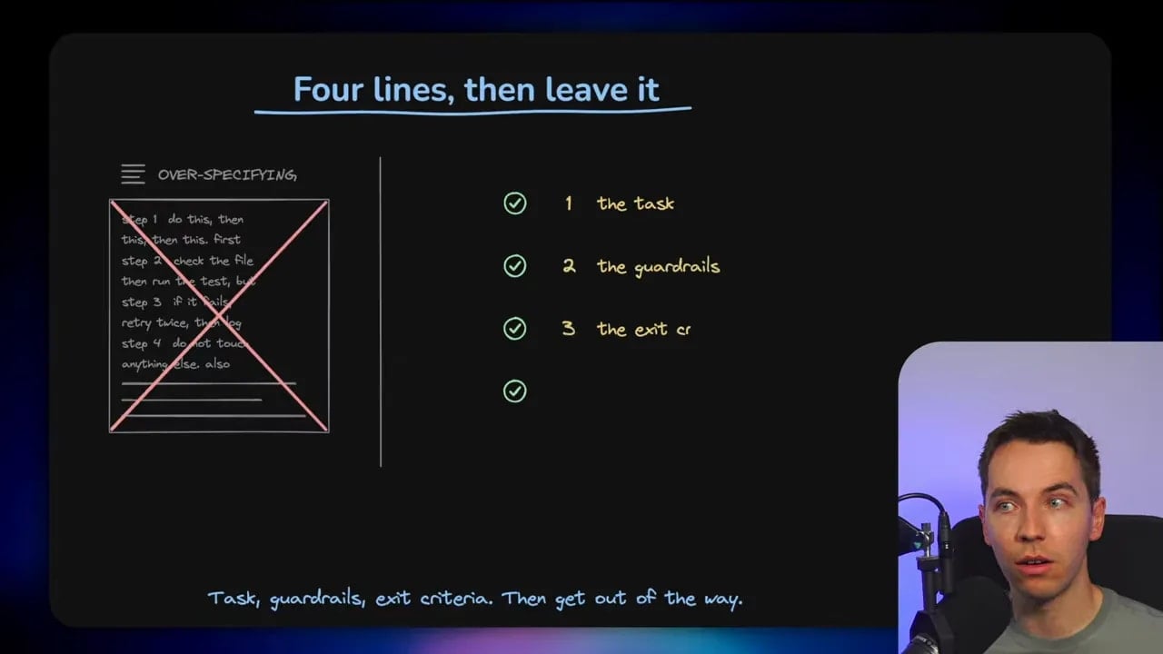 Slide showing a crossed-out long prompt beside four concise prompt requirements
