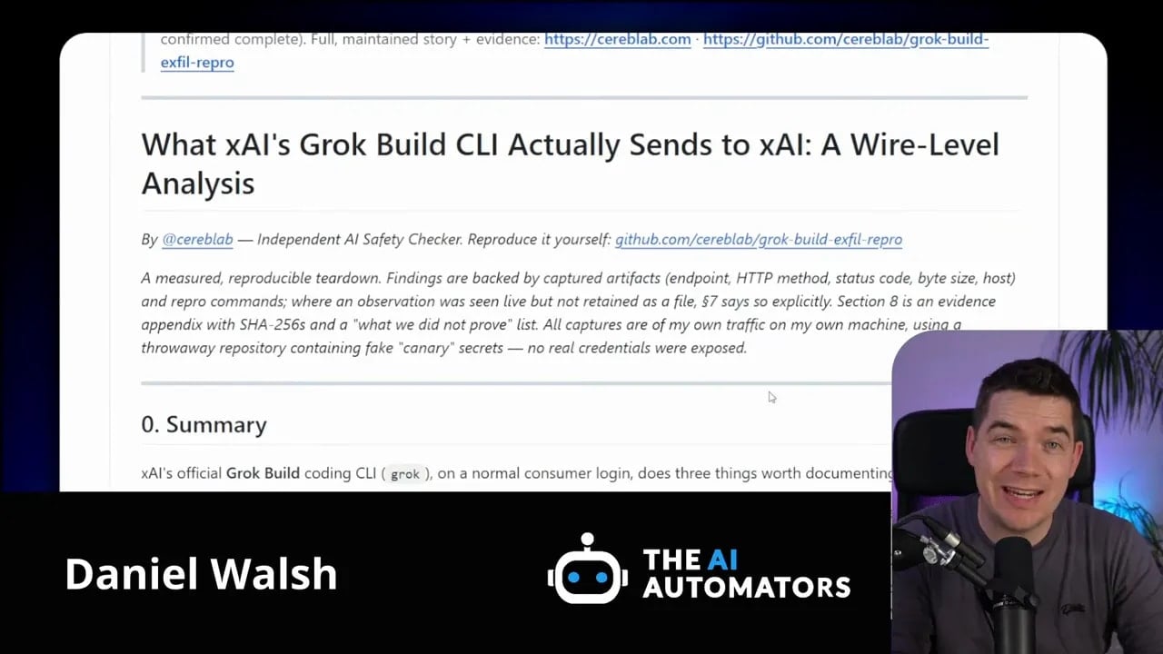 Wire-level analysis document titled What xAI's Grok Build CLI Actually Sends to xAI