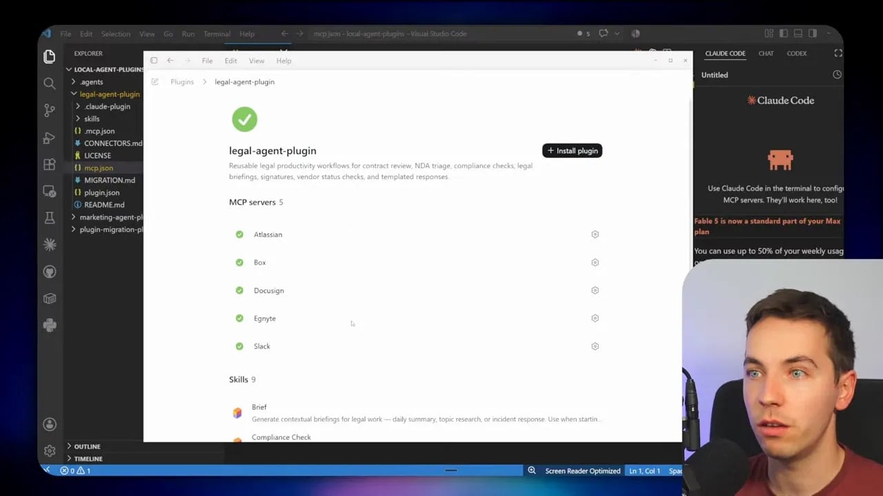 Codex plugin page showing the legal agent plugin with a list of skills
