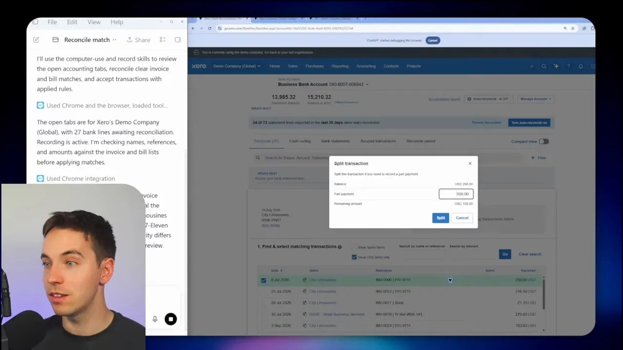 Accounting software reconciliation page with transaction rows and a split payment dialog
