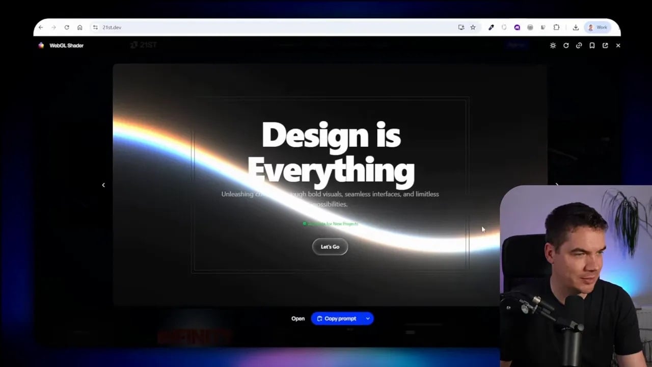 Component page showing a dark animated hero with the words Design is Everything