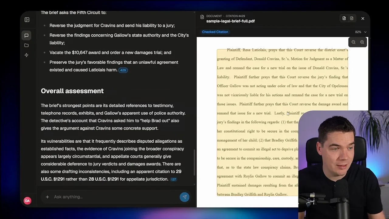 RAG answer beside a source document with a highlighted passage